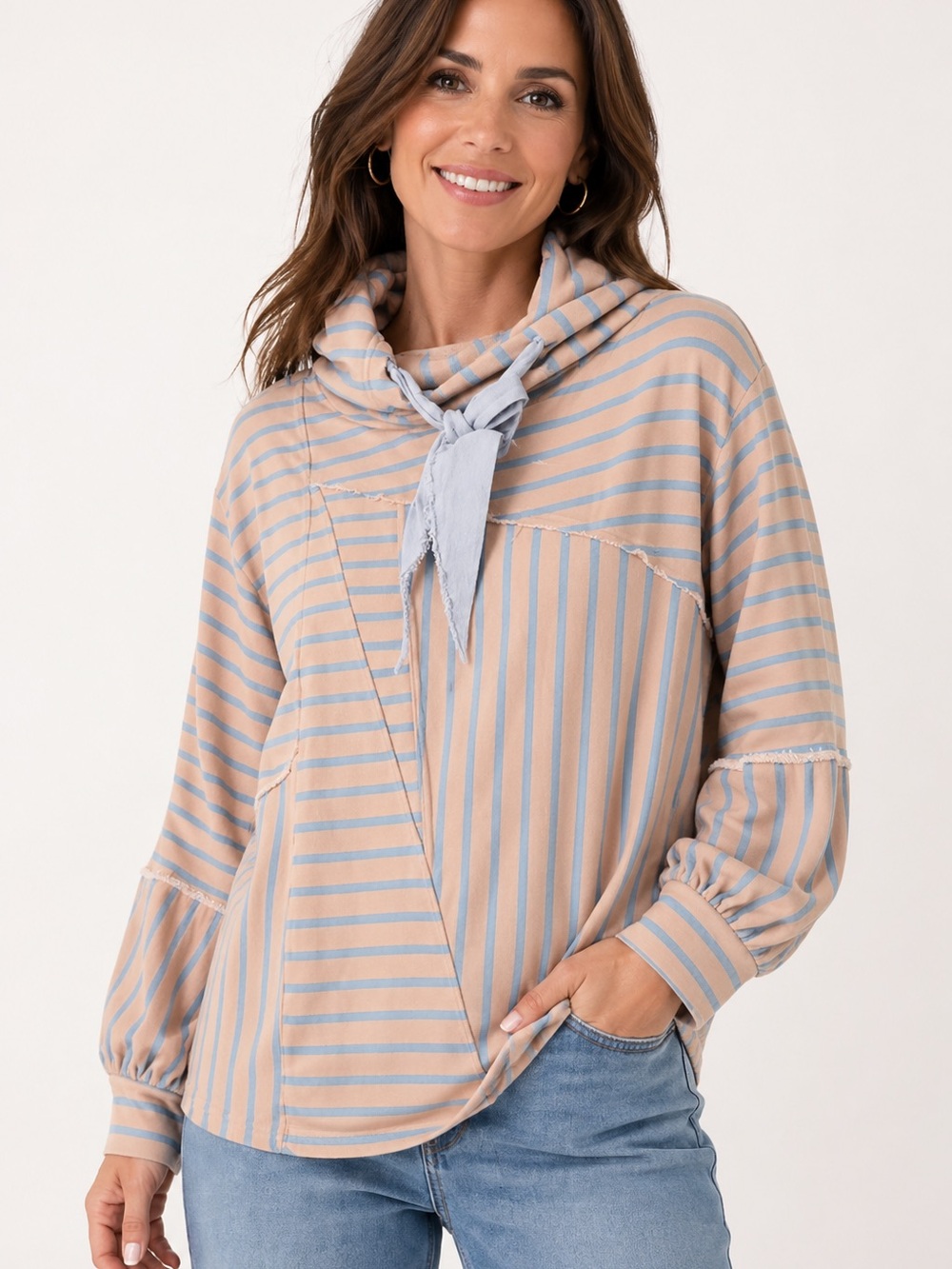 Davi & Dani Striped Hoodie Sweatshirt Peach Blue Free People Style Boho
